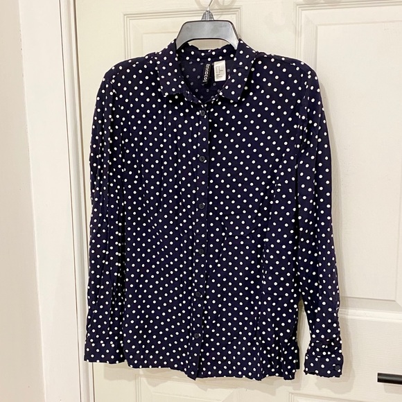 Navy blue polka dot button up - Picture 1 of 4